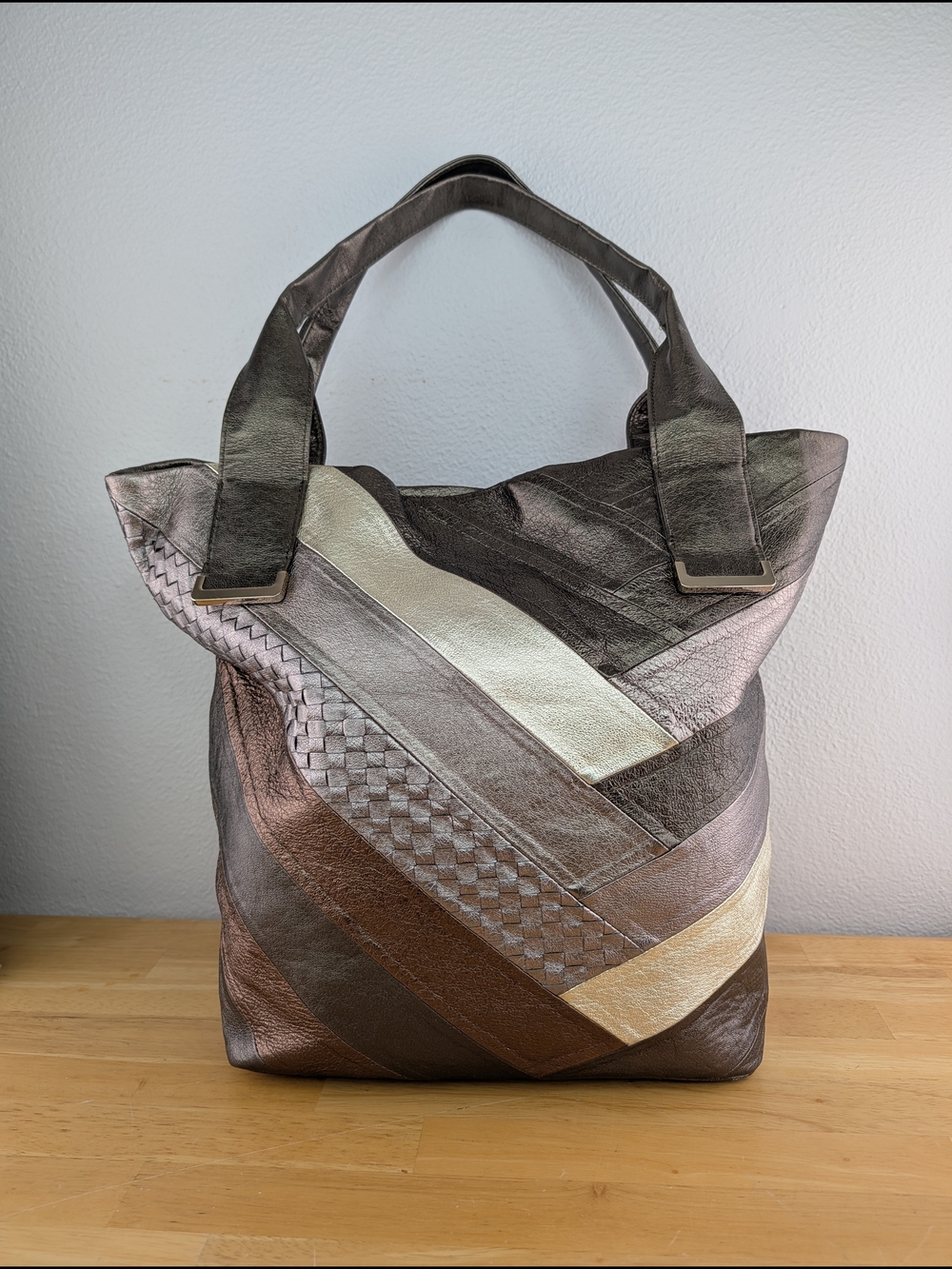 Elliott Lucca Metallic Stripe Leather Patchwork Tote Shoulder Bag Brown Cream